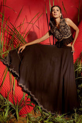 Black & gold embroidered georgette ruffled crop top and skirt set